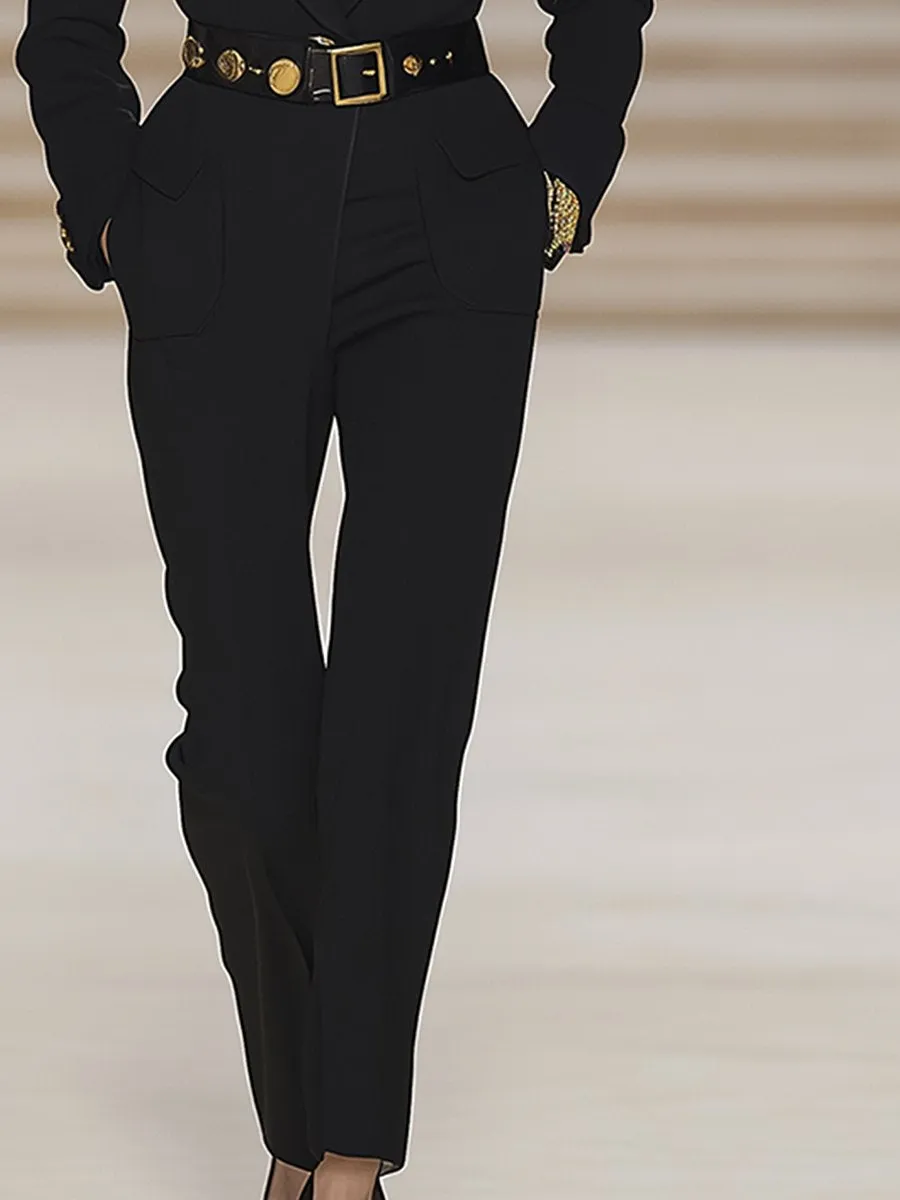 High-End Elegant Lapel Black Jumpsuit