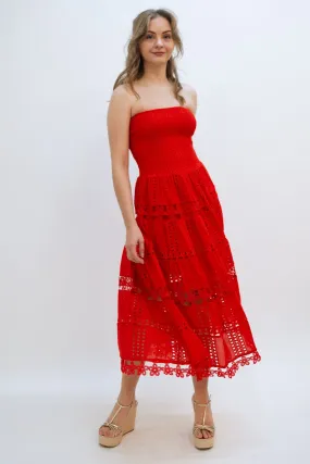 Jolene Eyelet Lace Tube Dress - Red