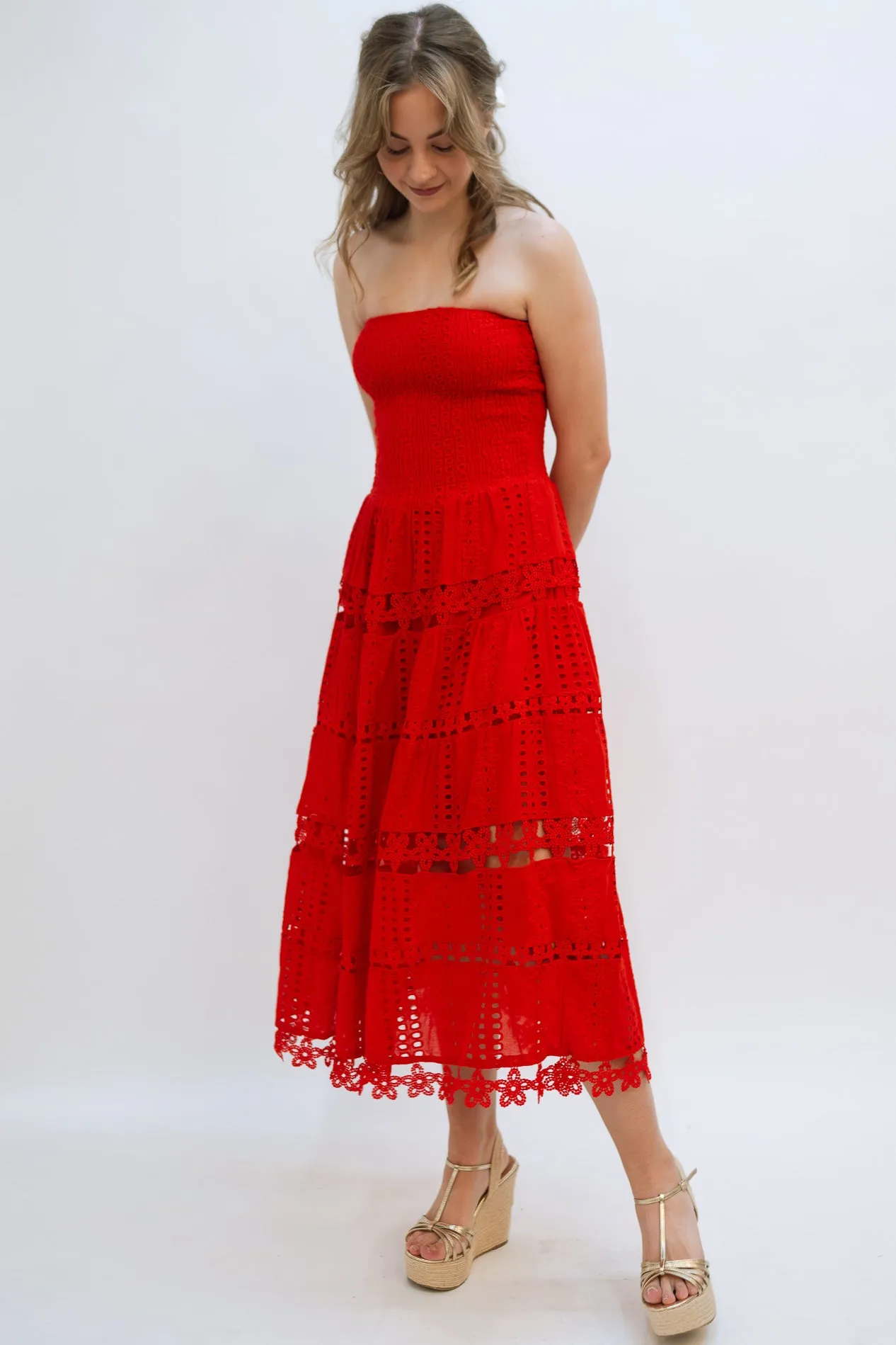 Jolene Eyelet Lace Tube Dress - Red