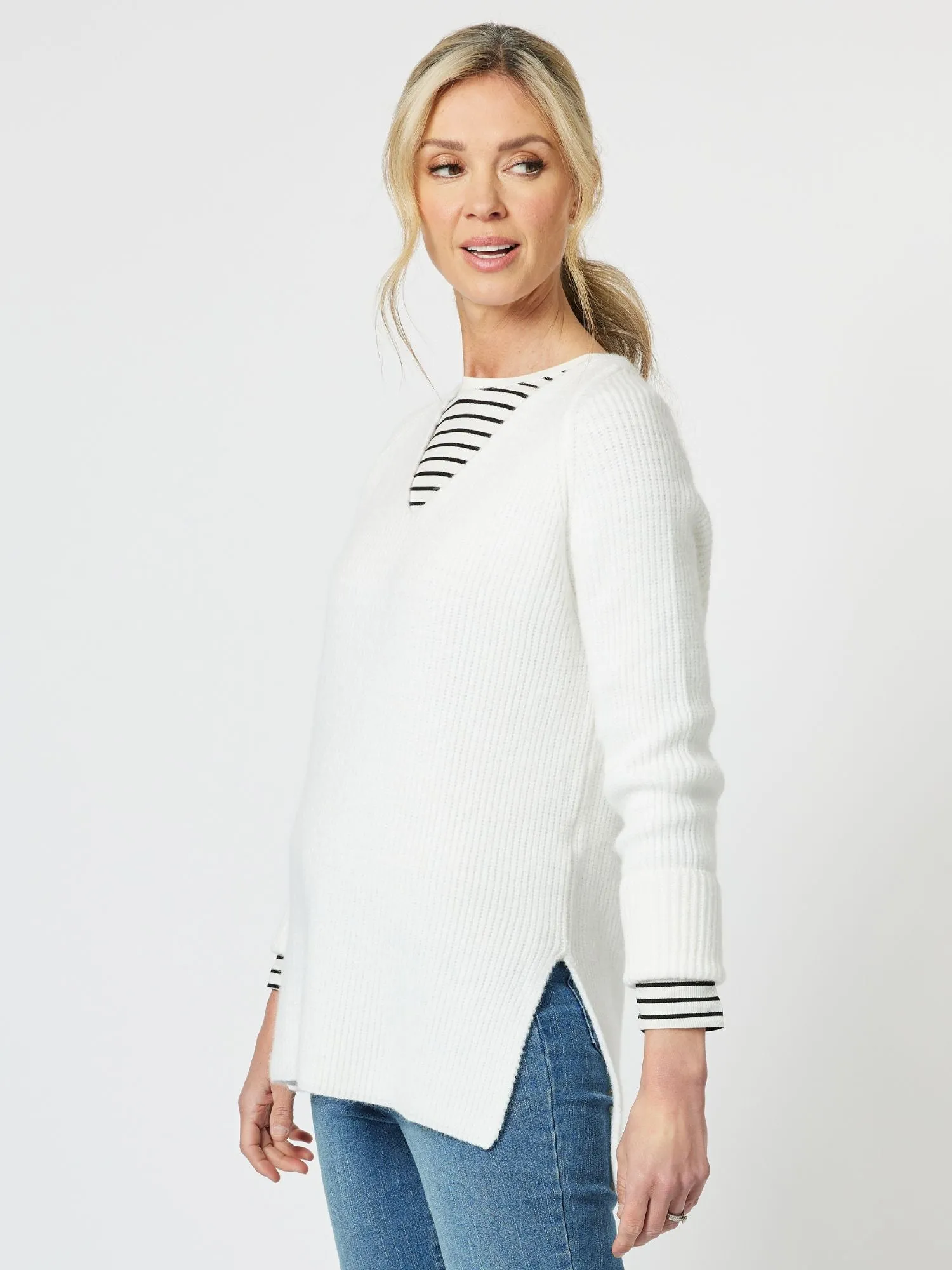 Kaitlyn V-Neck High Lo Knit Top - Winter White