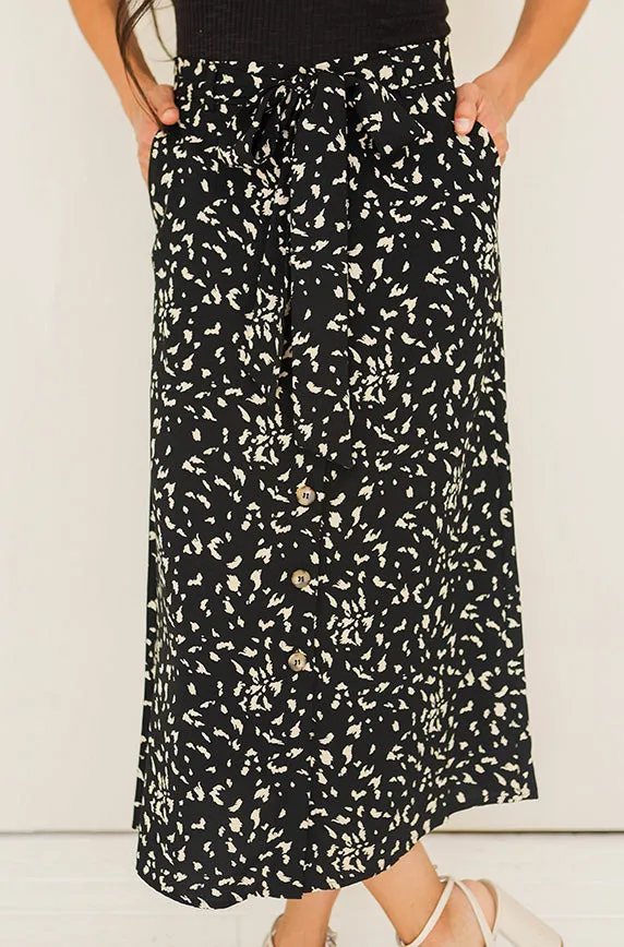 Karlie Black/ Ivory Print Midi Skirt- FINAL SALE