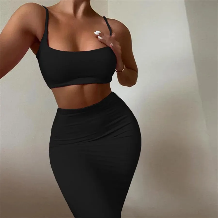 Ladies 2 piece crop top midi skirt set