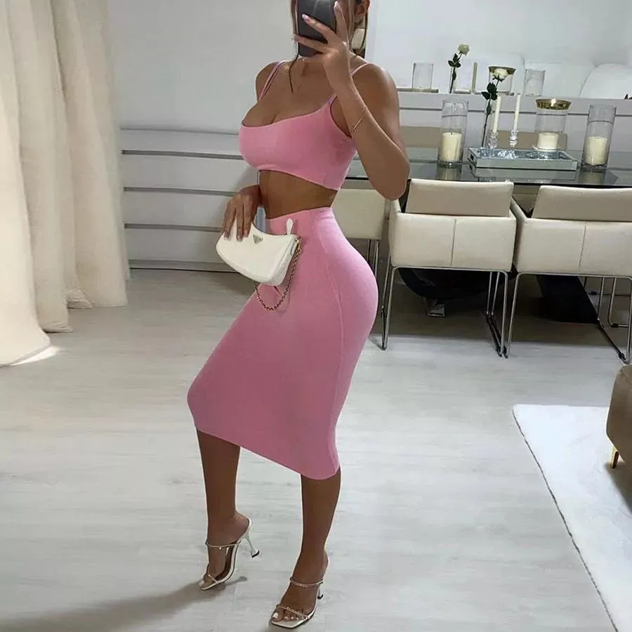 Ladies 2 piece crop top midi skirt set
