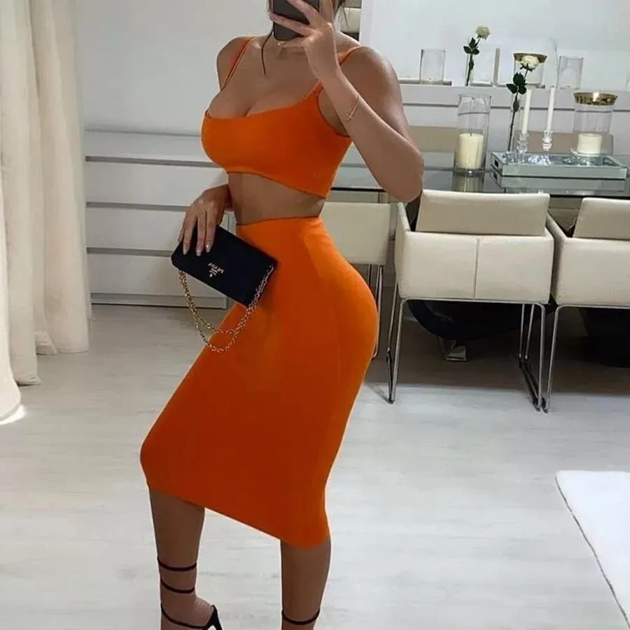 Ladies 2 piece crop top midi skirt set