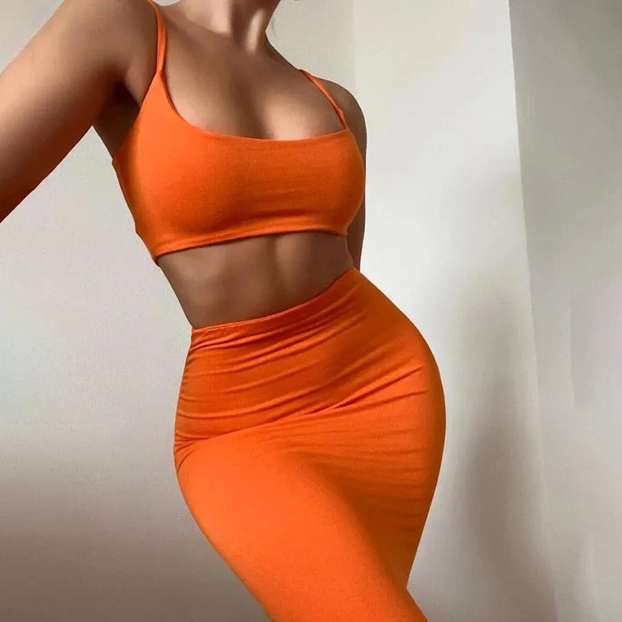 Ladies 2 piece crop top midi skirt set