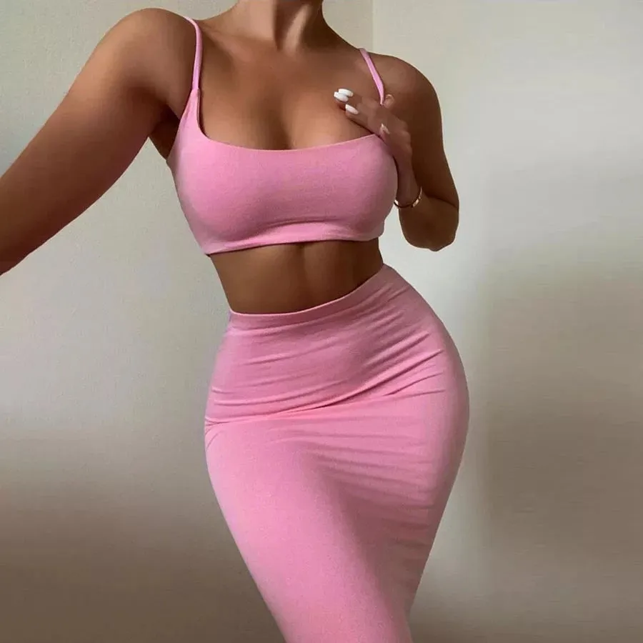 Ladies 2 piece crop top midi skirt set