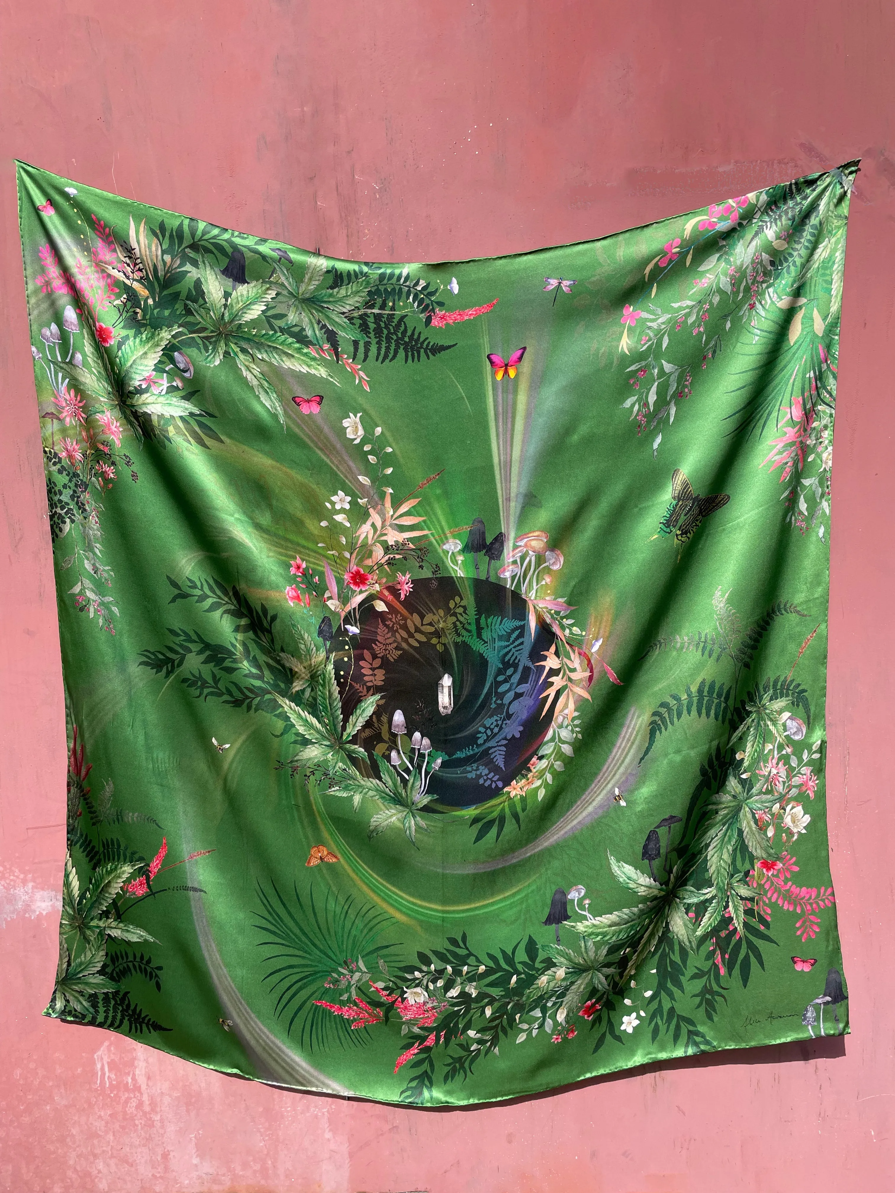 Large green silk scarf with mushroom and crystal, magical ‘Evissa’ print