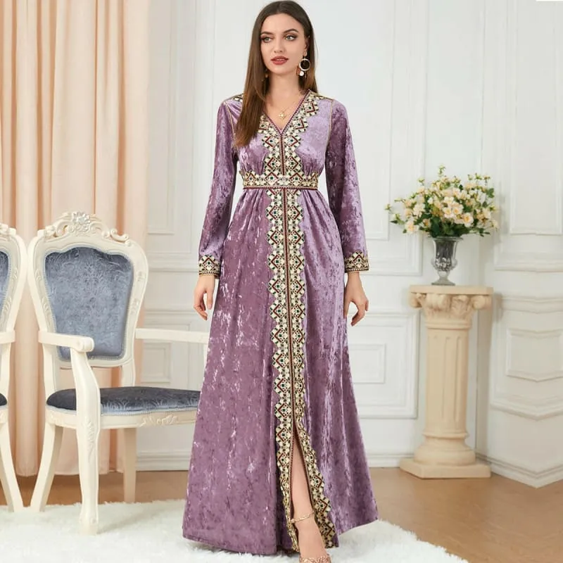 Lavender Golden Velvet Dress with Gold Embroidery for Muslim Autumn