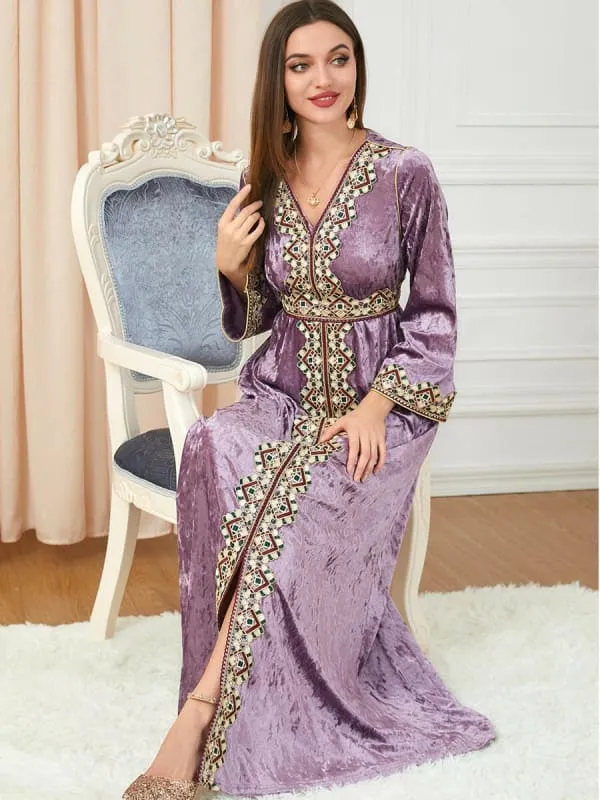 Lavender Golden Velvet Dress with Gold Embroidery for Muslim Autumn