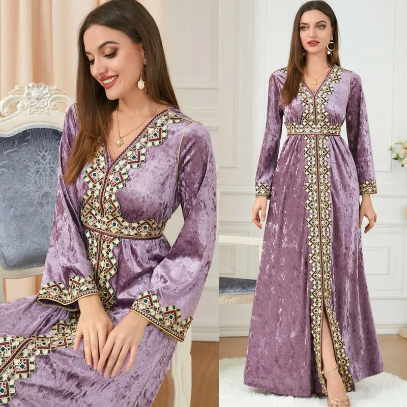 Lavender Golden Velvet Dress with Gold Embroidery for Muslim Autumn