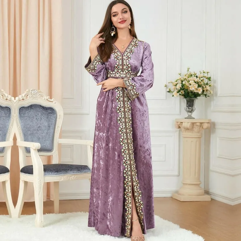 Lavender Golden Velvet Dress with Gold Embroidery for Muslim Autumn