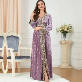 Lavender Golden Velvet Dress with Gold Embroidery for Muslim Autumn