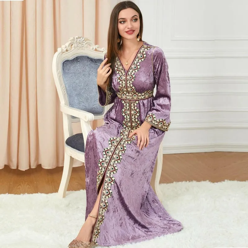 Lavender Golden Velvet Dress with Gold Embroidery for Muslim Autumn