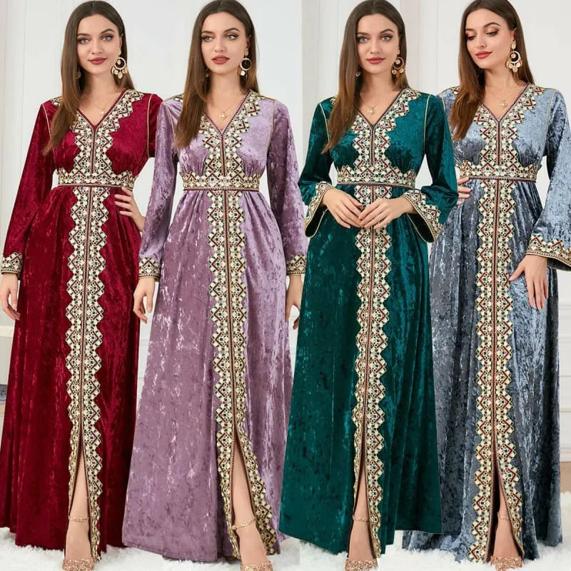 Lavender Golden Velvet Dress with Gold Embroidery for Muslim Autumn