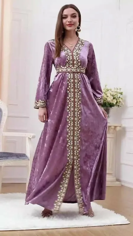 Lavender Golden Velvet Dress with Gold Embroidery for Muslim Autumn