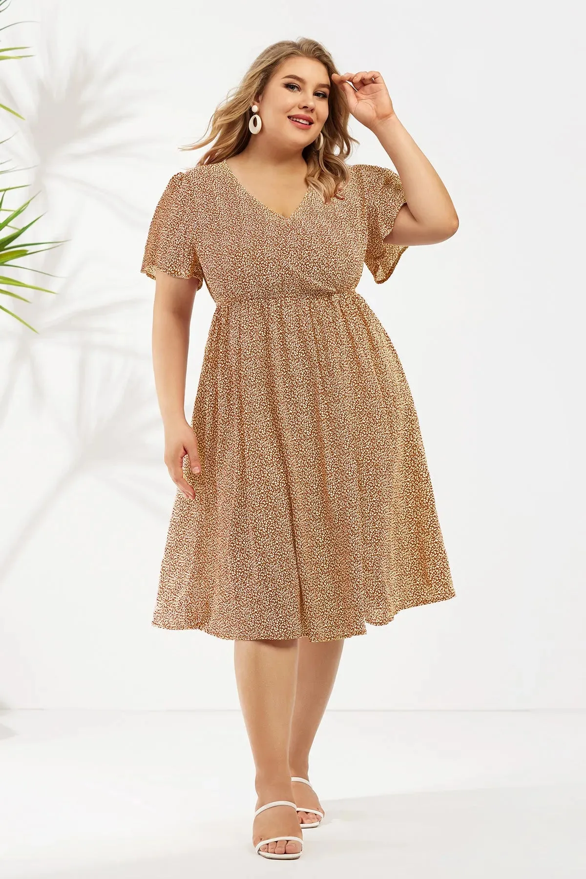 Leopard Print Elastic Waist Wrap V-Neck Dress