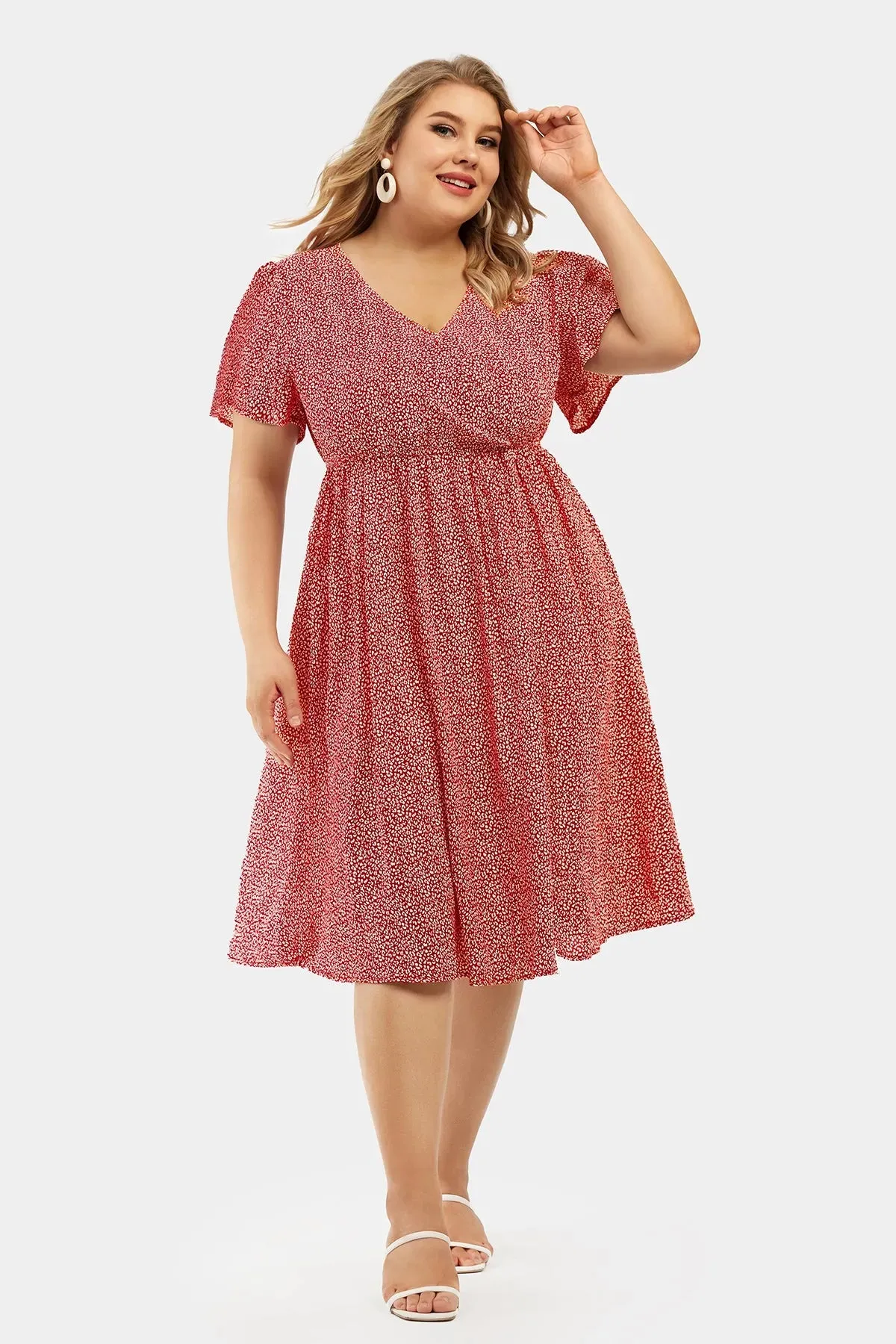 Leopard Print Elastic Waist Wrap V-Neck Midi Dress