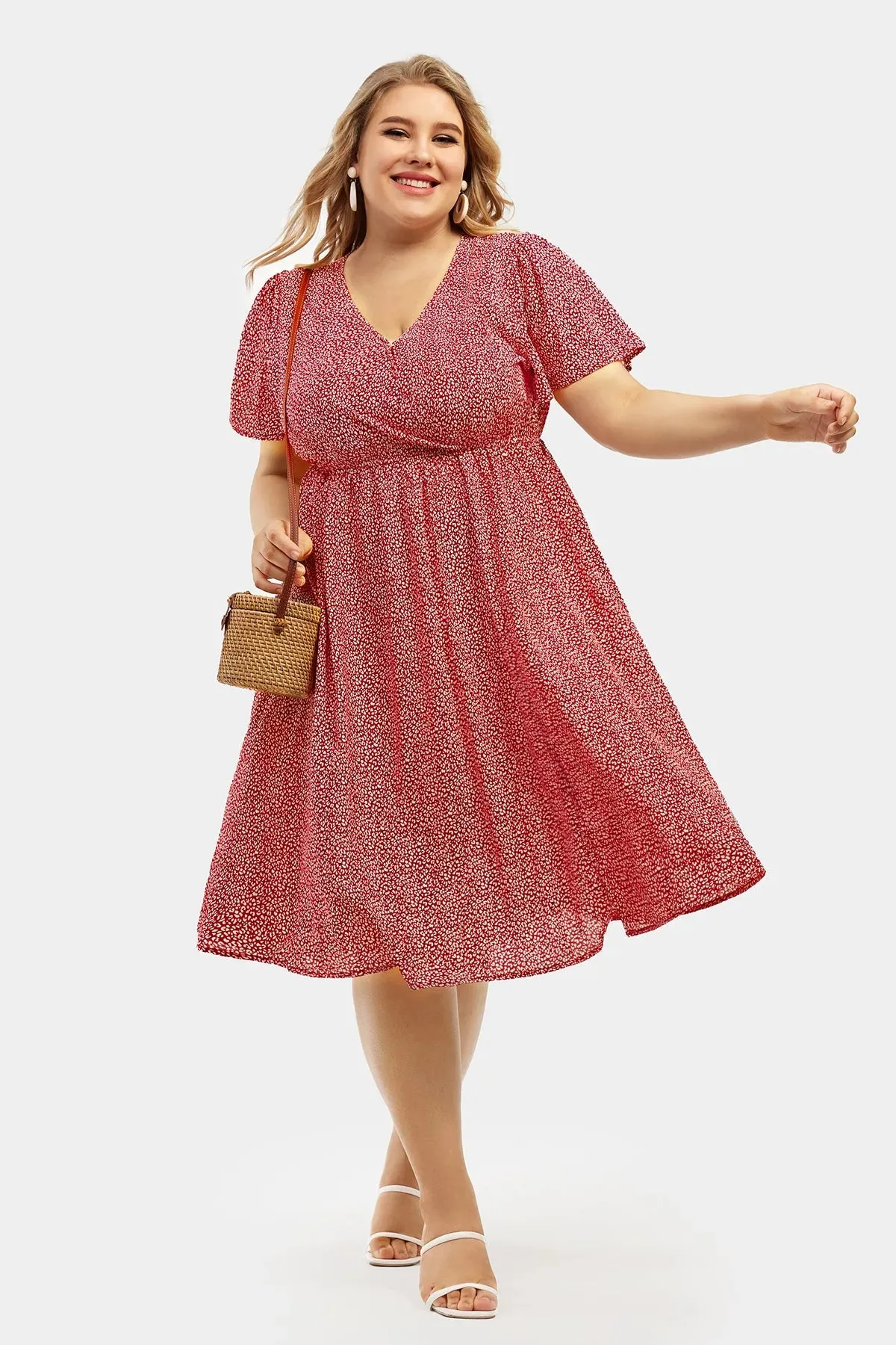 Leopard Print Elastic Waist Wrap V-Neck Midi Dress