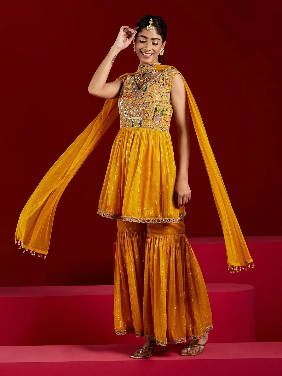 Libas Art Yellow Embroidered Chiffon A-Line Sharara Suit Set With Dupatta