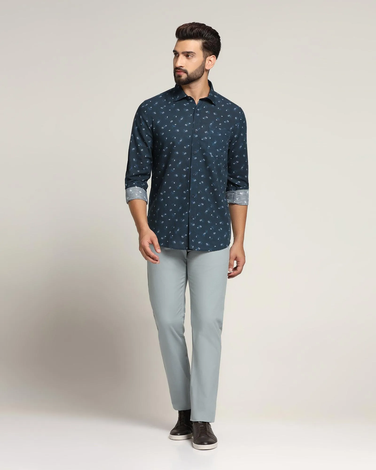Linen Casual Navy Printed Shirt - Andre
