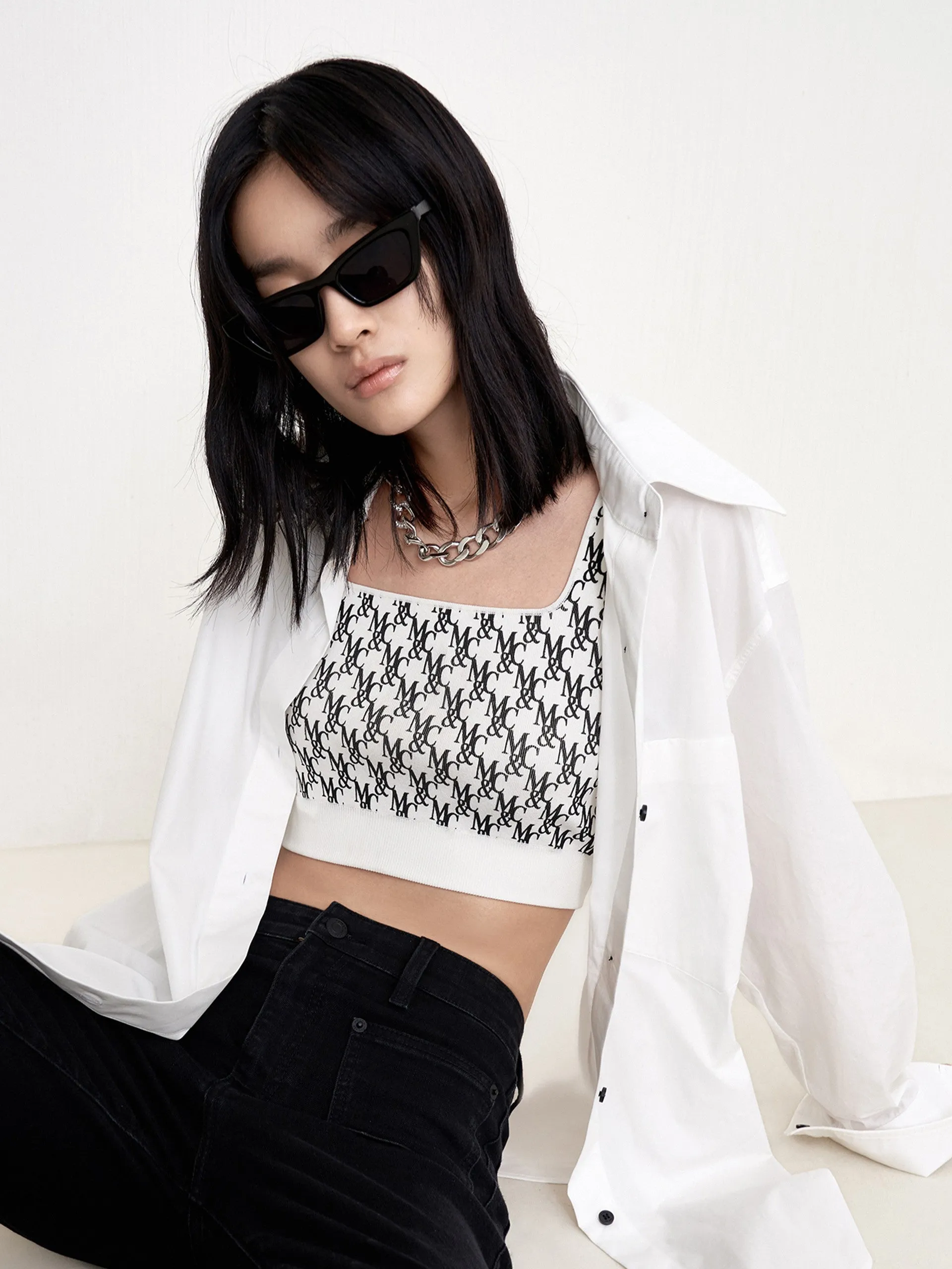 Logo Print Fitted Crop Knit Tank Top