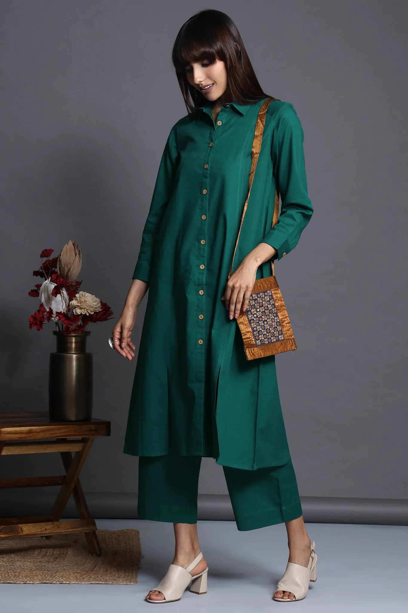 long shirt dress with front buttons - deep emerald & verdant charm