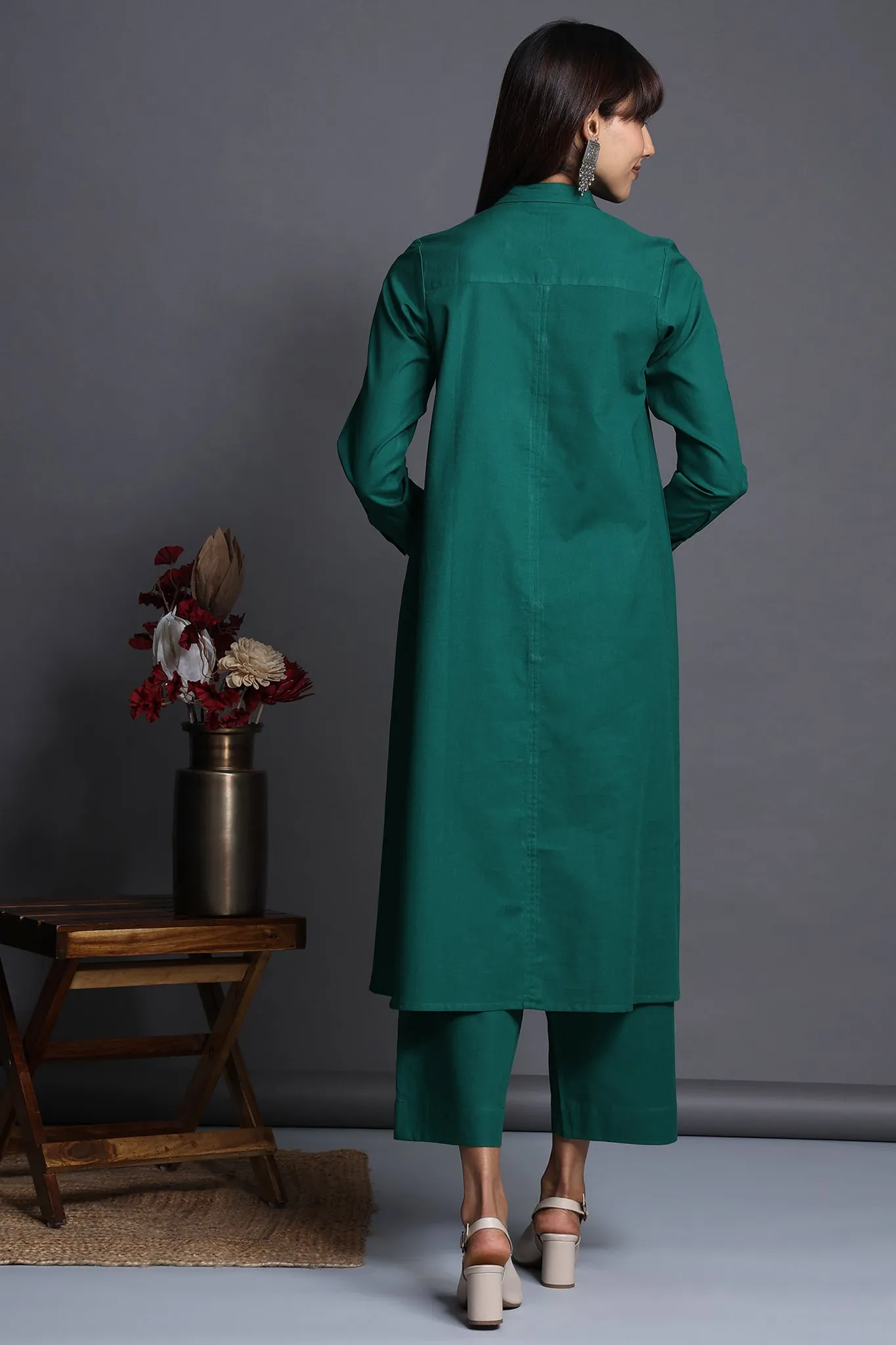 long shirt dress with front buttons - deep emerald & verdant charm