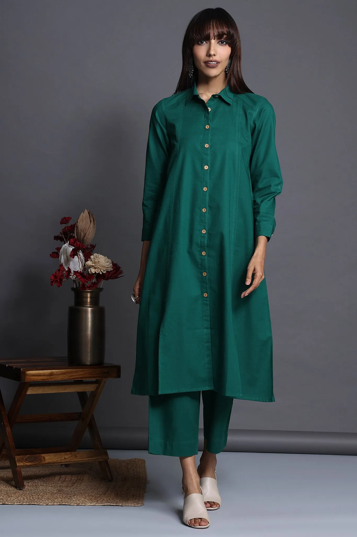 long shirt dress with front buttons - deep emerald & verdant charm