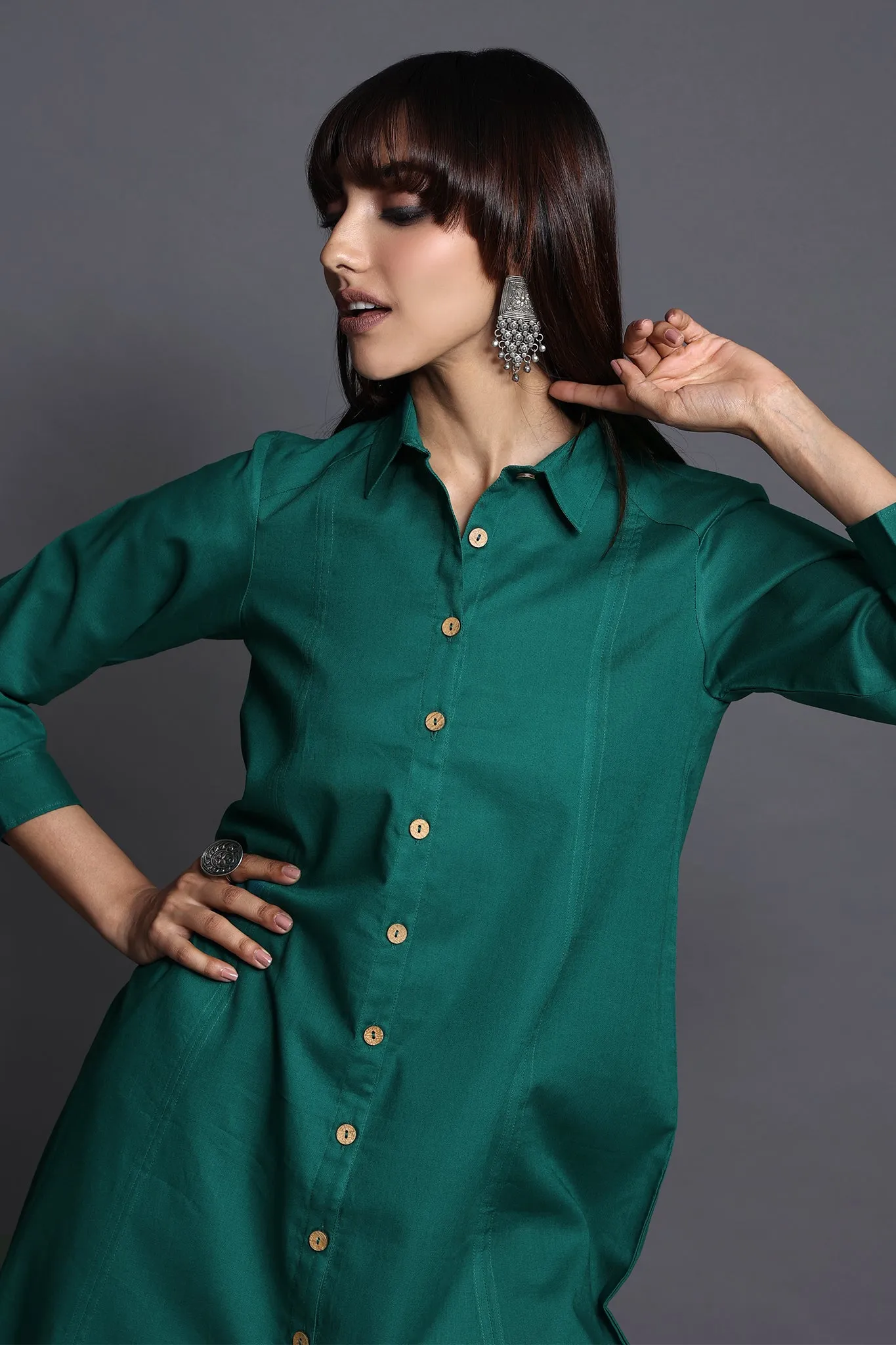 long shirt dress with front buttons - deep emerald & verdant charm