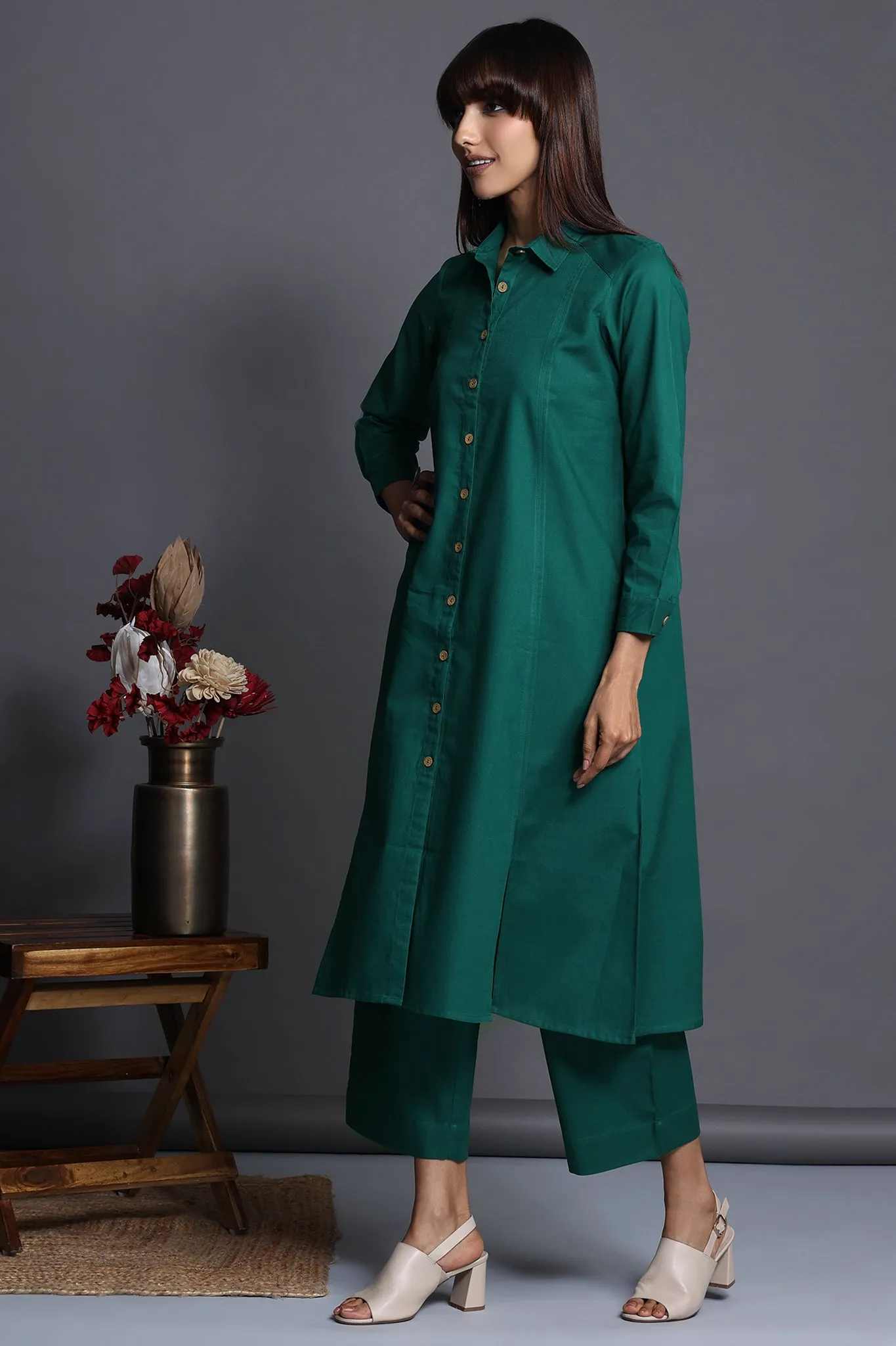 long shirt dress with front buttons - deep emerald & verdant charm