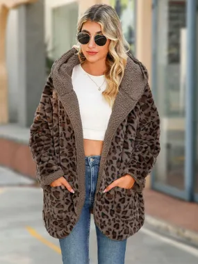 Long Sleeve Loose Pocket Cardigan Plush Leopard Print Hooded Jacket