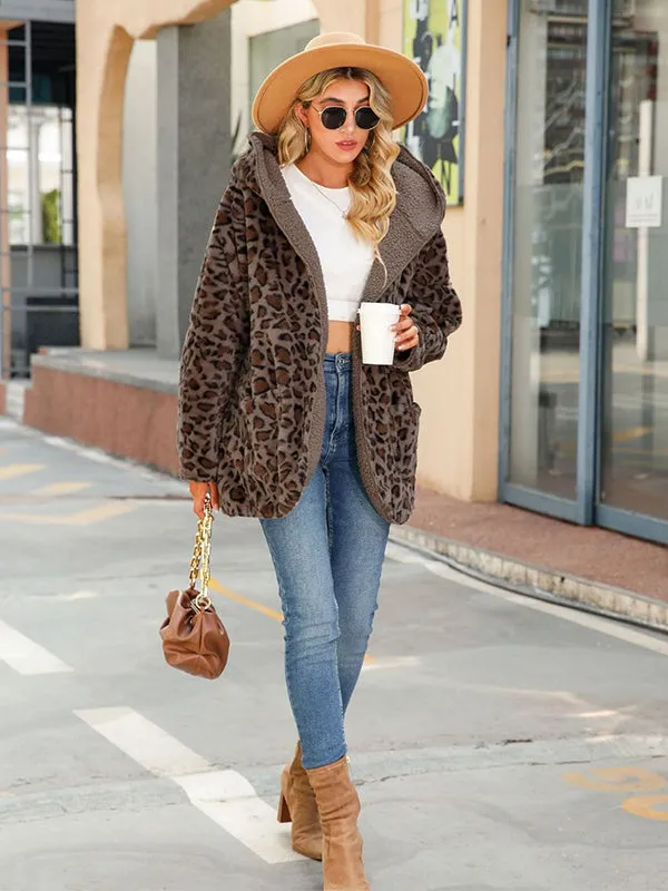 Long Sleeve Loose Pocket Cardigan Plush Leopard Print Hooded Jacket