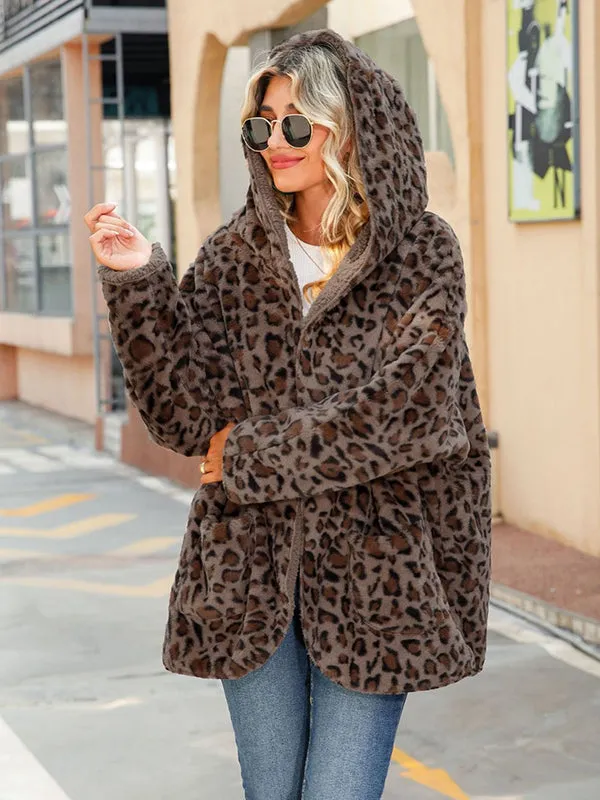Long Sleeve Loose Pocket Cardigan Plush Leopard Print Hooded Jacket