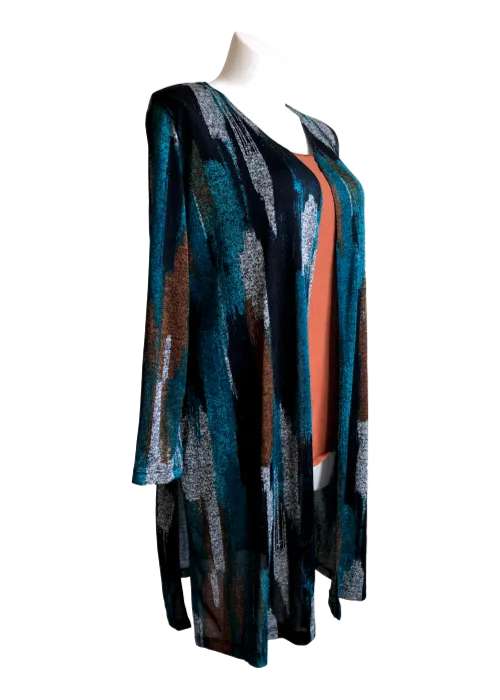 Long Varigated Sweater Duster in Teal, Brown and Black