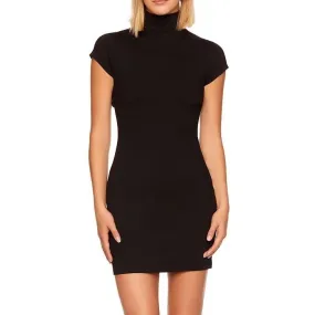Mock Neck Open Back Mini Dress - Black.