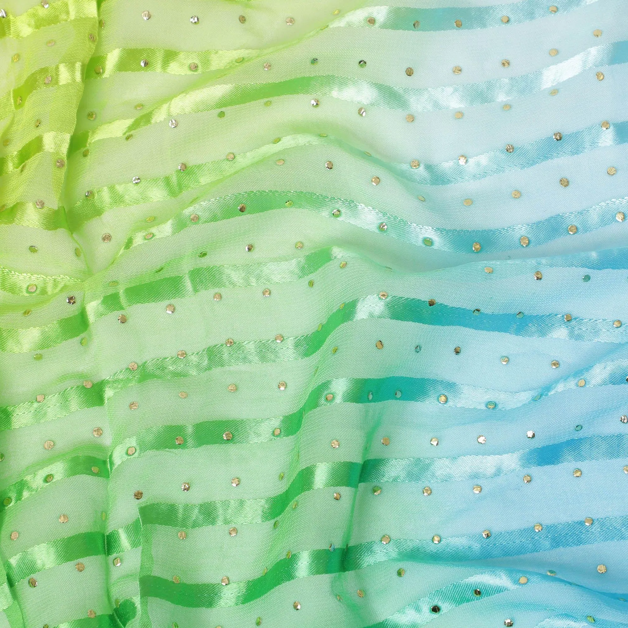 Multicolor synthetic chiffon fabric with gold stripe having same tone metallic dot foil in stripe design-D13648