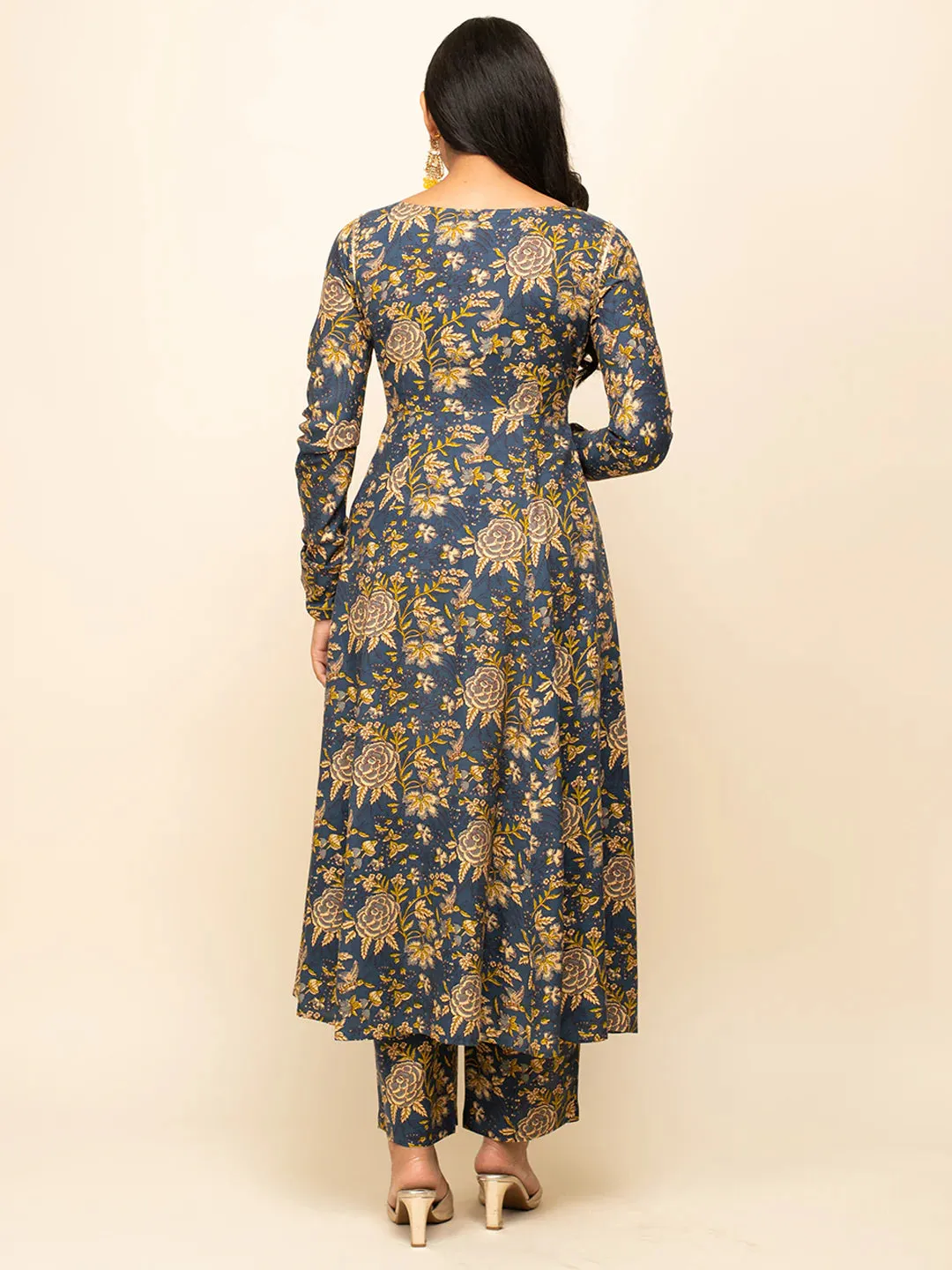 Navy Blue Cotton A Line Floral Print Suit Set with Organza Dupatta