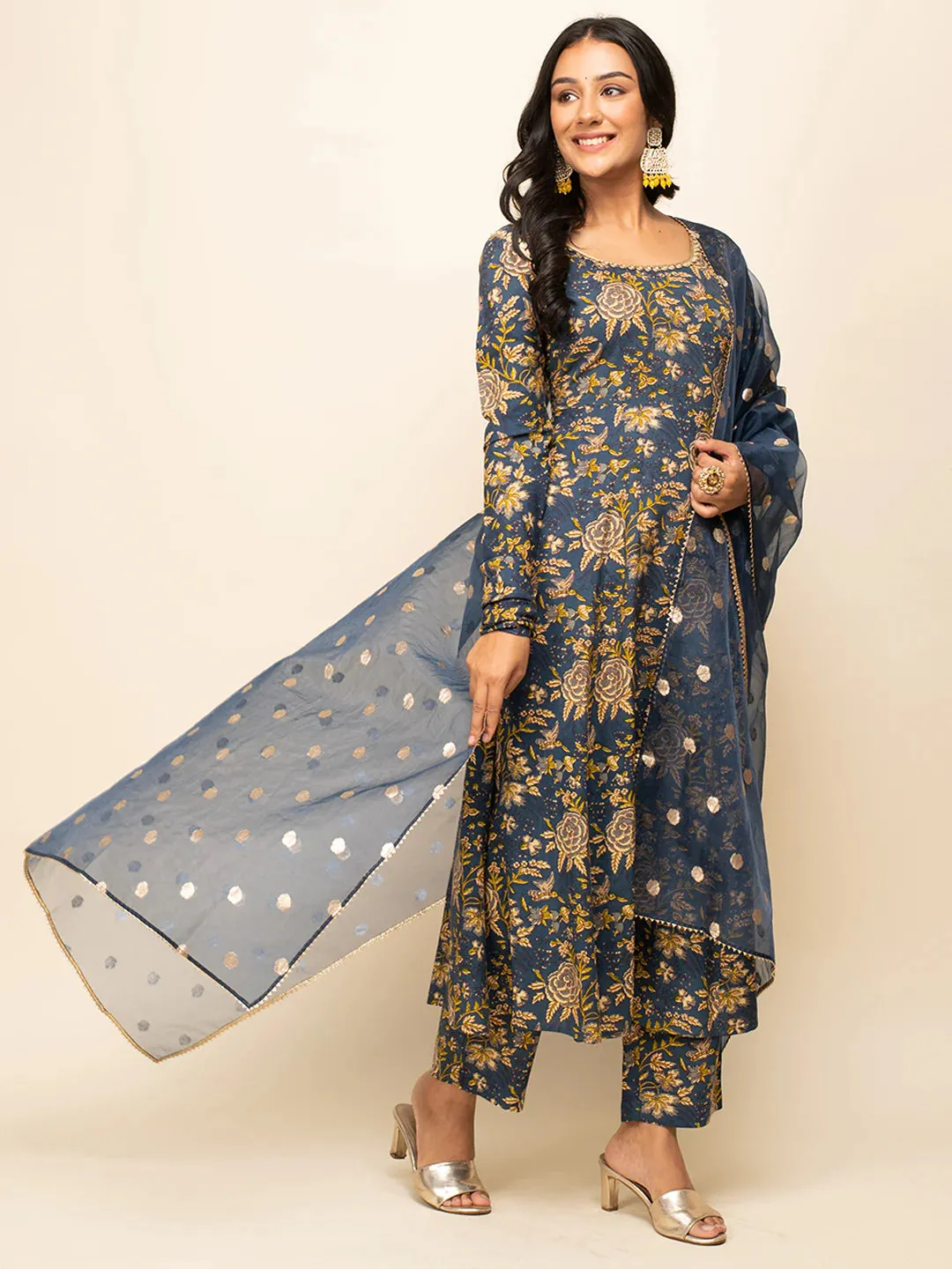 Navy Blue Cotton A Line Floral Print Suit Set with Organza Dupatta