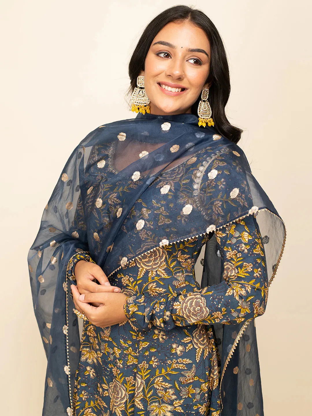 Navy Blue Cotton A Line Floral Print Suit Set with Organza Dupatta