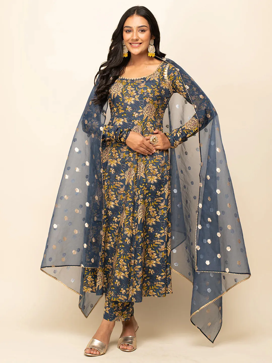 Navy Blue Cotton A Line Floral Print Suit Set with Organza Dupatta