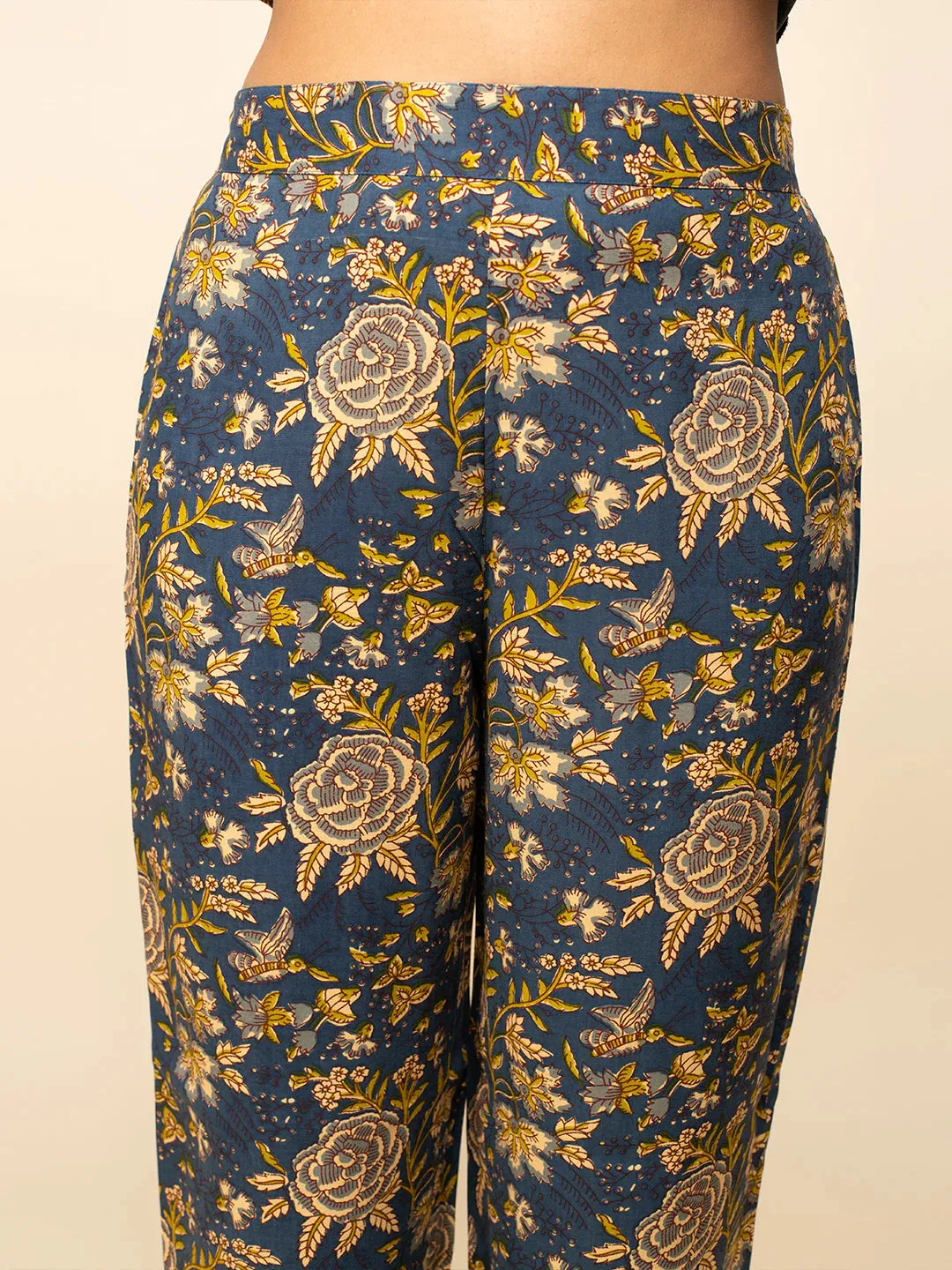 Navy Blue Cotton A Line Floral Print Suit Set with Organza Dupatta
