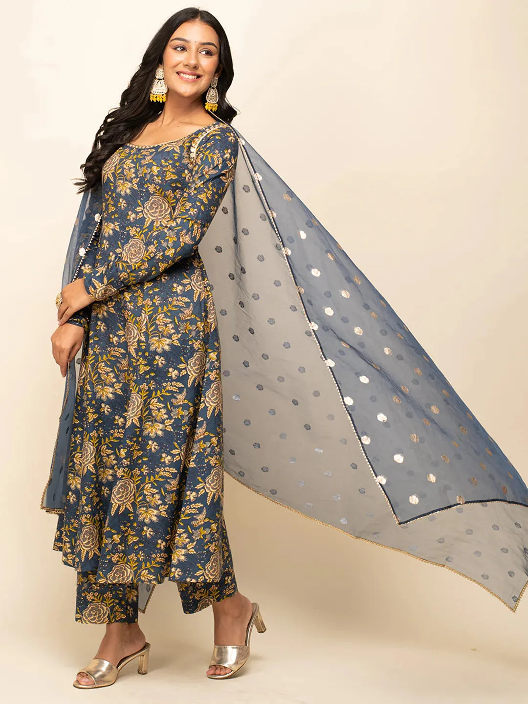 Navy Blue Cotton A Line Floral Print Suit Set with Organza Dupatta