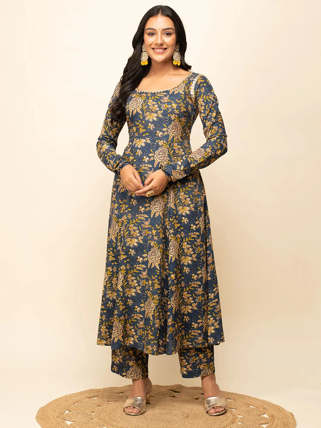 Navy Blue Cotton A Line Floral Print Suit Set with Organza Dupatta
