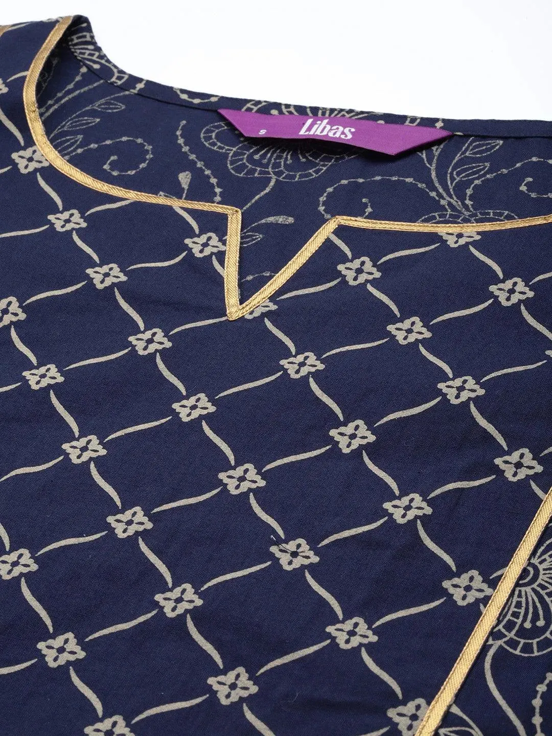 Navy Blue Printed Cotton Straight Kurta With Palazzos & Dupatta