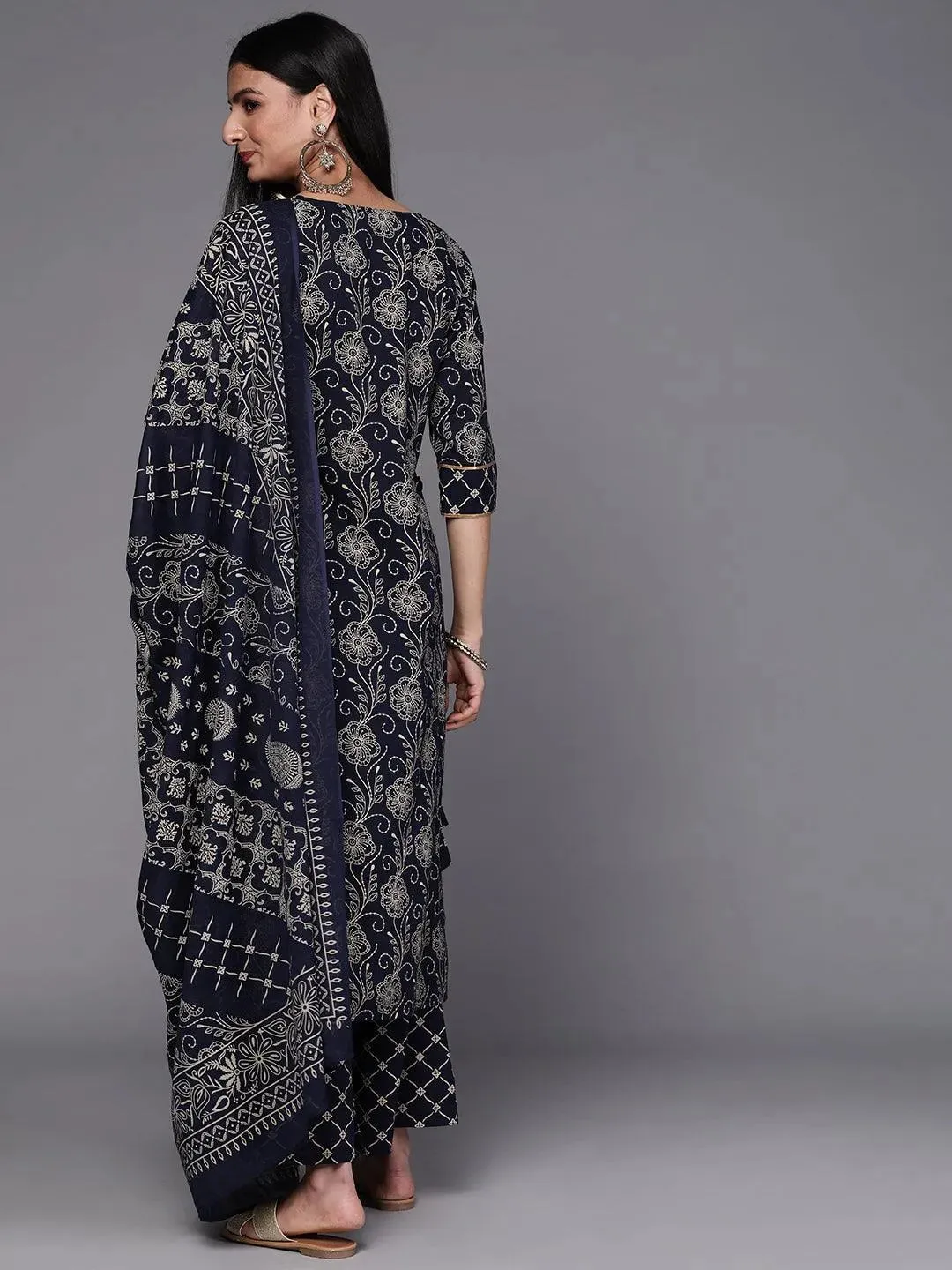 Navy Blue Printed Cotton Straight Kurta With Palazzos & Dupatta