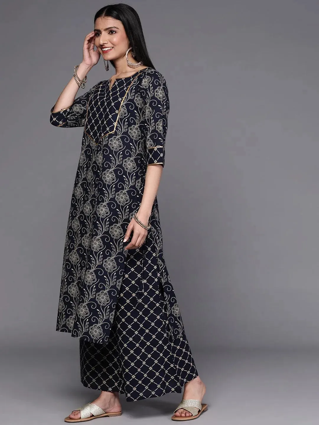 Navy Blue Printed Cotton Straight Kurta With Palazzos & Dupatta