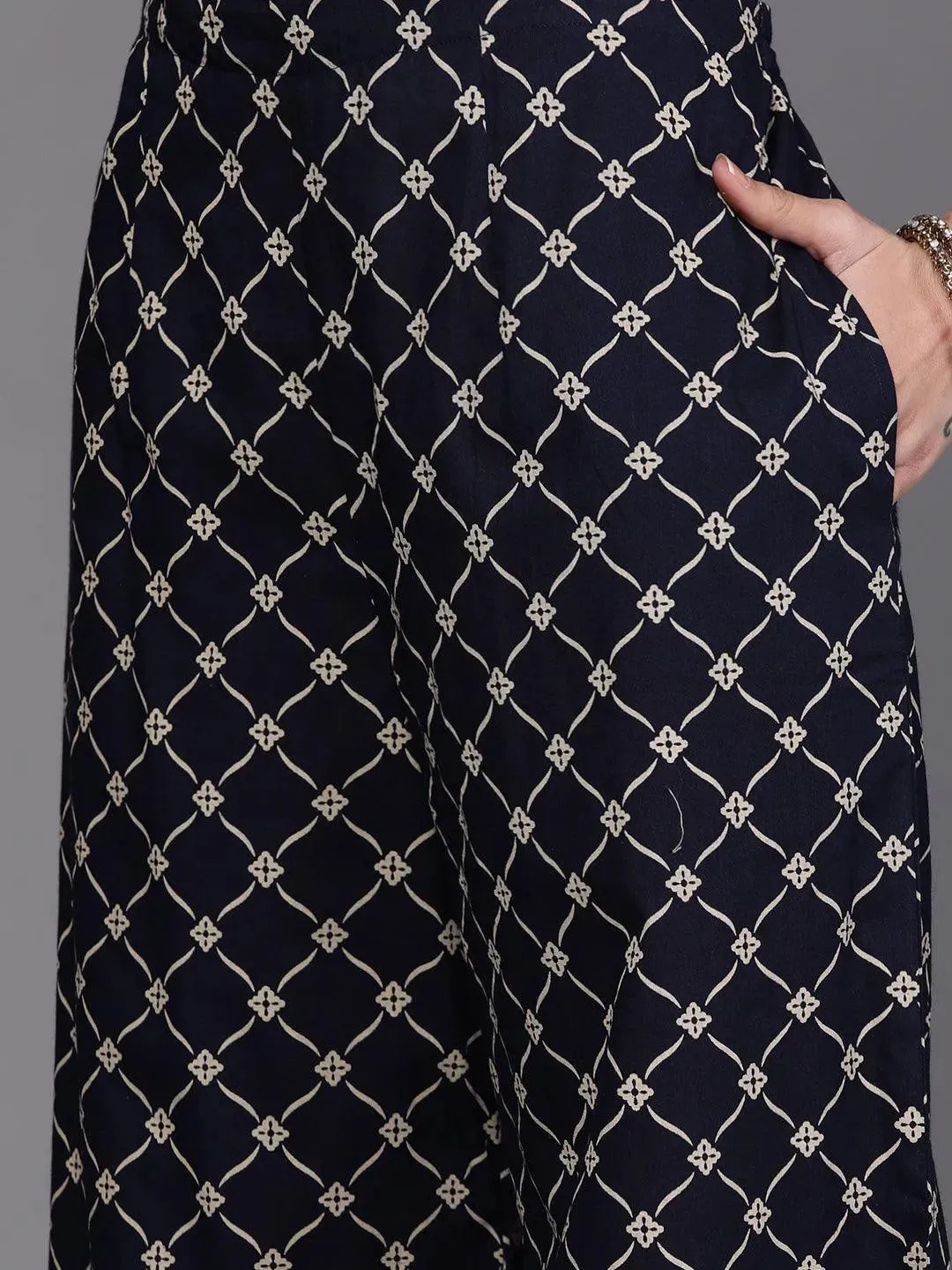 Navy Blue Printed Cotton Straight Kurta With Palazzos & Dupatta
