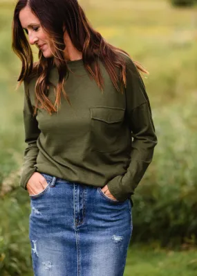 Olive Waffle Knit Pocket Top - FINAL SALE
