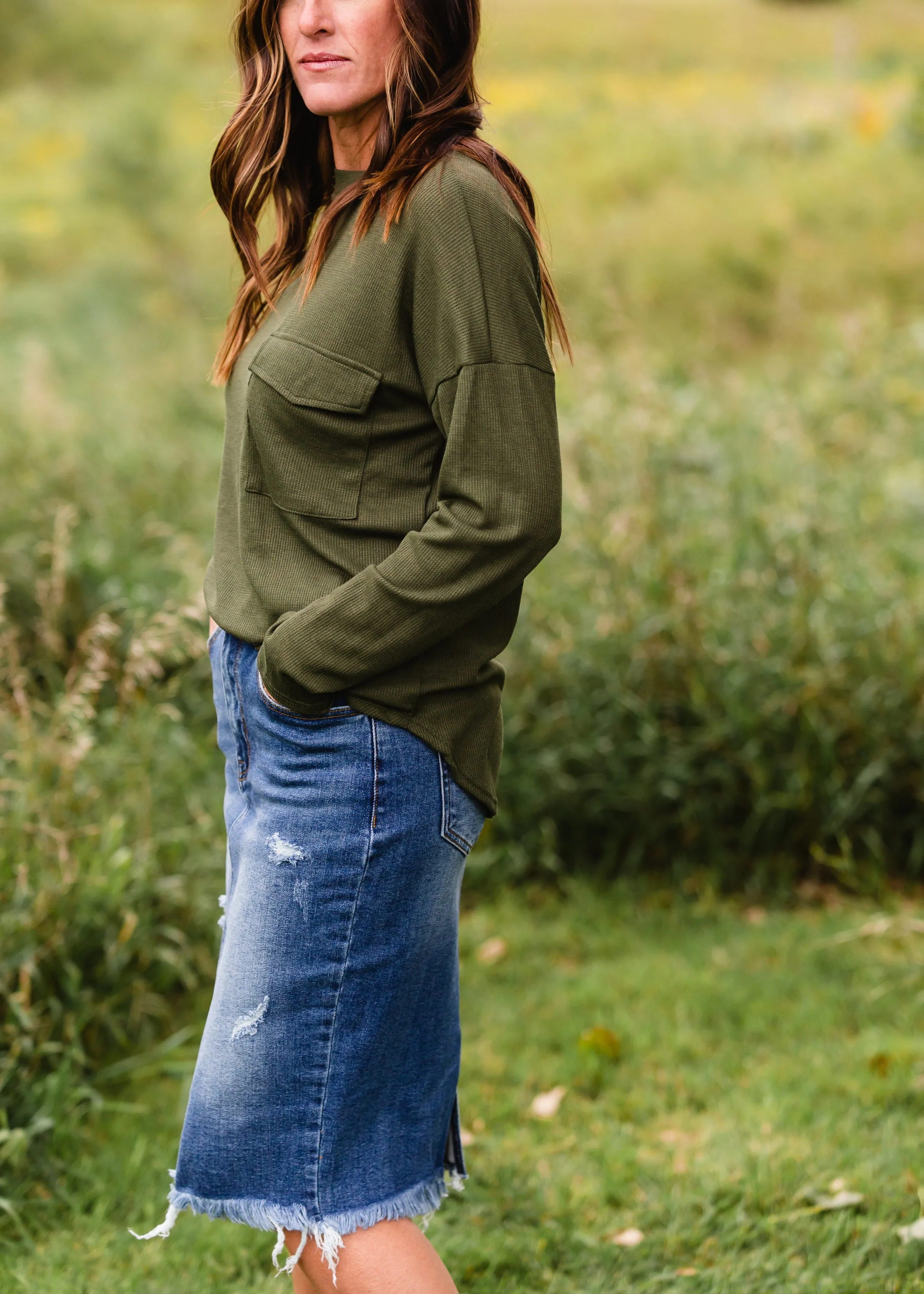 Olive Waffle Knit Pocket Top - FINAL SALE