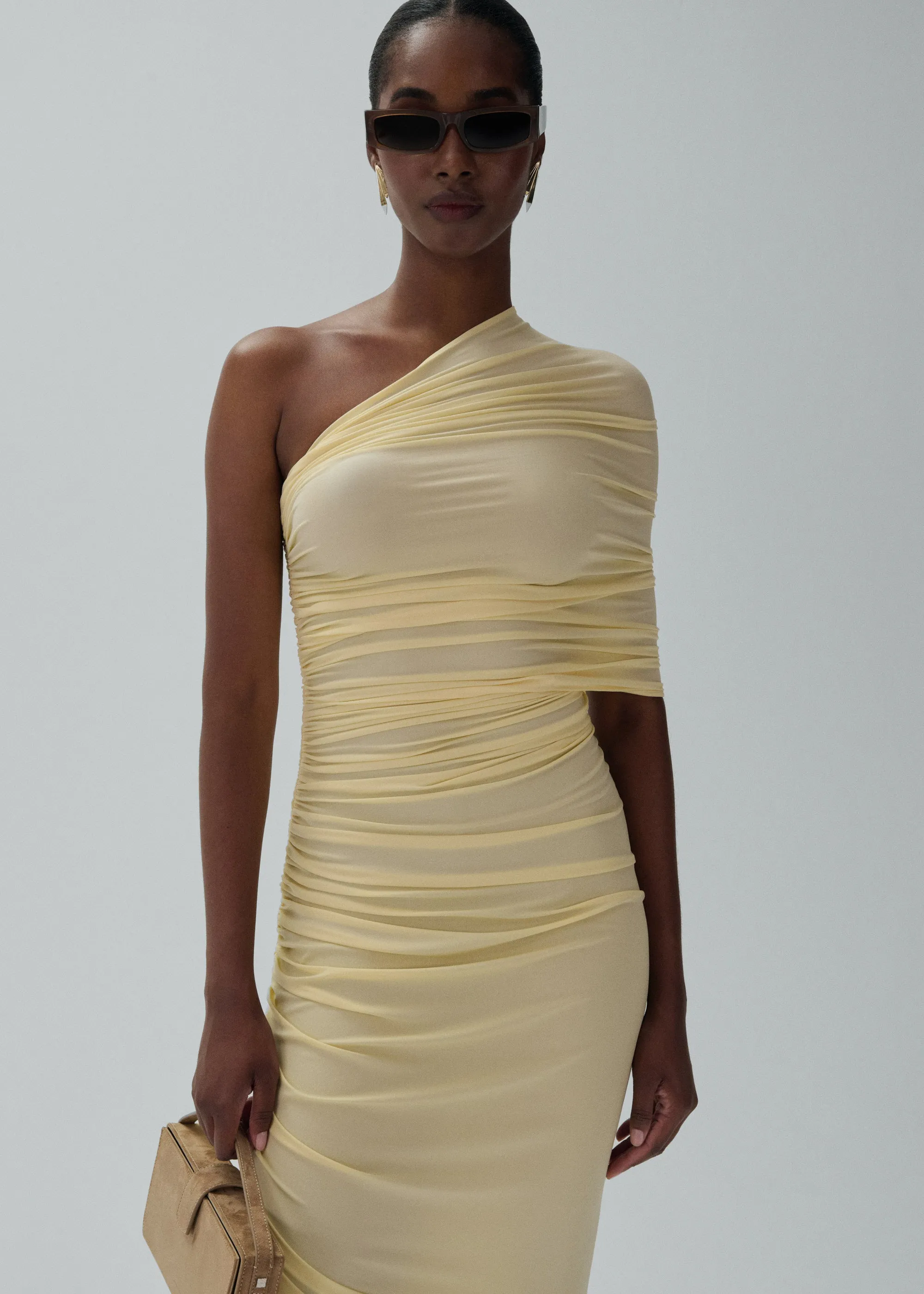 One shoulder draped midi dress in yellow